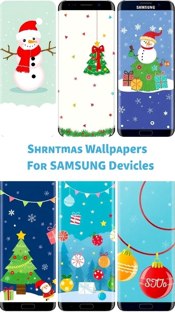 Cute Christmas-themed wallpapers for Samsung devices featuring snowmen, Christmas trees, and ornaments.